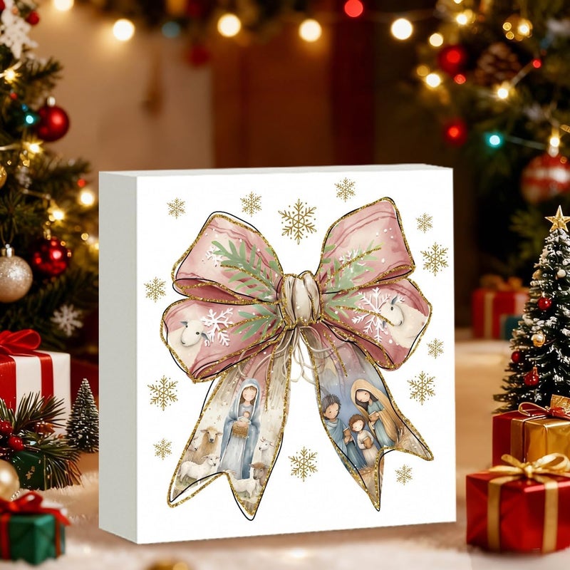 FXEFXE Pink Christmas Decor, Christian Christmas Decorations Indoor, Glitter Bow Nativity Scene Snowflake Sign Gift for Women Friends, Rustic Wooden Box Sign for Home Office Bedroom Desk Decor 5x5 Inches - Image 3